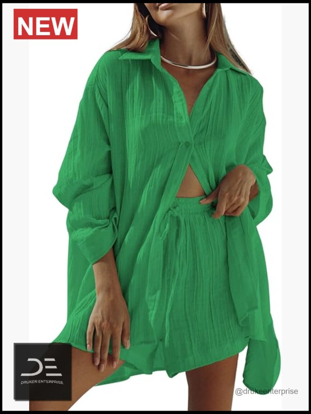 Women's 2 Piece Outfits Long Sleeve Button Down Blouse and Shorts Sweatsuit Set